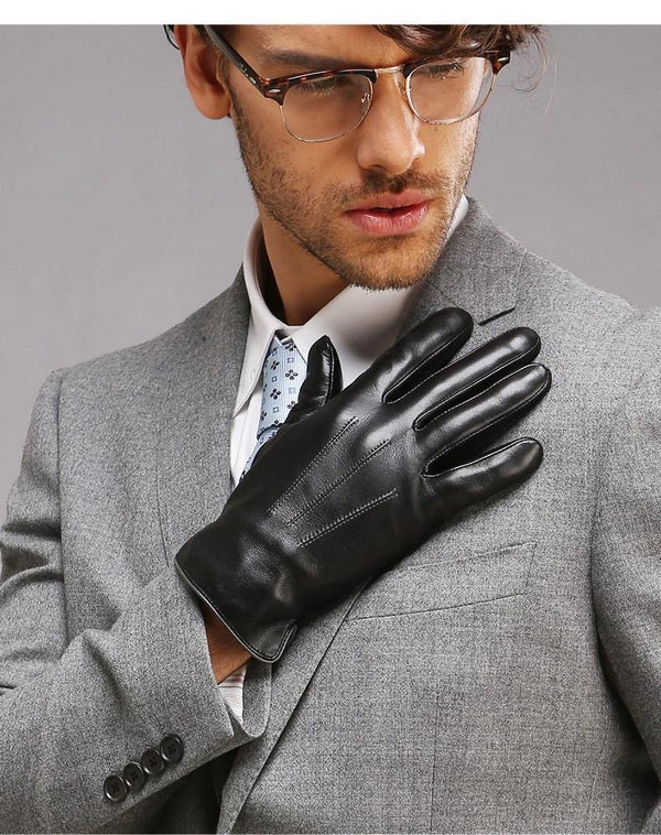 Planet Gates black / S Genuine Leather Gloves For Men Thermal Winter Touch Screen Sheepskin Glove Fashion Slim Wrist Driving