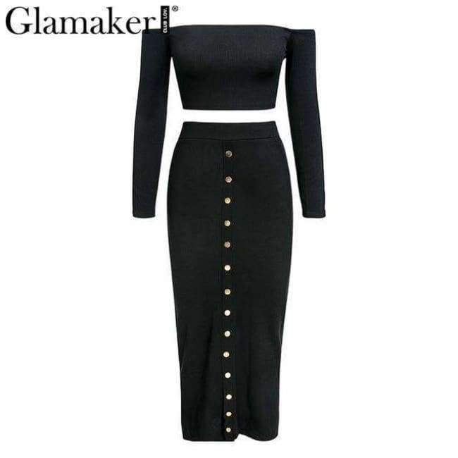 Planet Gates Glamaker Off shoulder bodycon button crop winter dress Women knitted split long sleeve sexy dress Two-piece suit maxi dress 2018