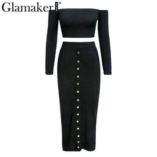 Planet Gates Black / S Glamaker Off shoulder bodycon button crop winter dress Women knitted split long sleeve sexy dress Two-piece suit maxi dress 2018