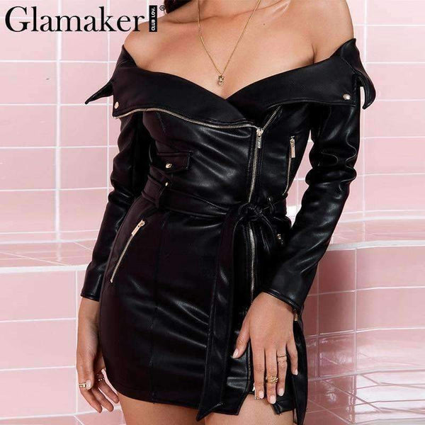 Glamaker Punk leather suede zipper sexy dress Women off shoulder bodycon  mini short dress Winter
