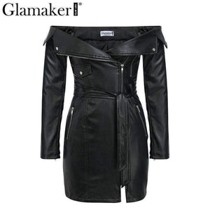 Planet Gates Black / S Glamaker Punk leather suede zipper sexy dress Women off shoulder bodycon mini short dress Winter autumn black club party dress