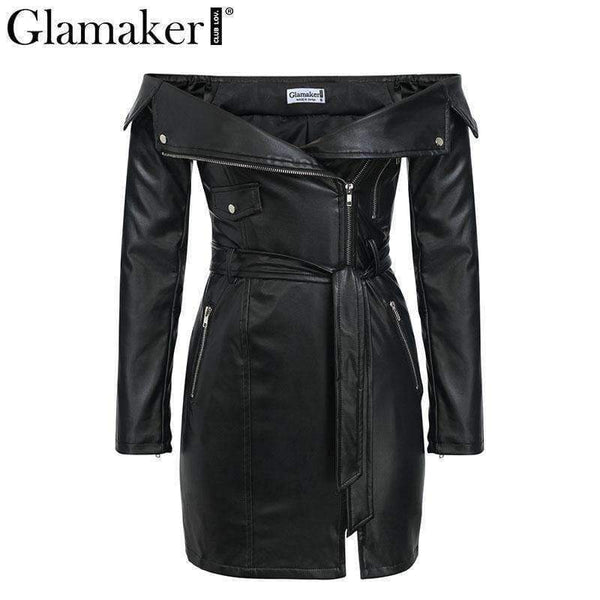 Glamaker Punk leather suede zipper sexy dress Women off shoulder bodycon  mini short dress Winter