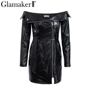 Planet Gates Black / S Glamaker Punk leather suede zipper sexy dress Women off shoulder bodycon mini short dress Winter autumn black club party dress