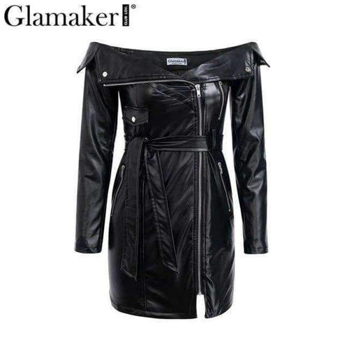 Planet Gates Black / S Glamaker Punk leather suede zipper sexy dress Women off shoulder bodycon mini short dress Winter autumn black club party dress