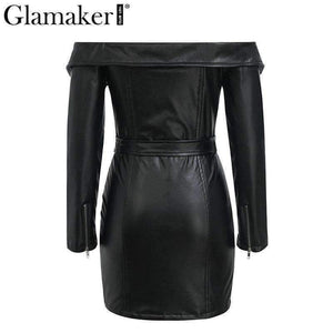 Planet Gates Black / S Glamaker Punk leather suede zipper sexy dress Women off shoulder bodycon mini short dress Winter autumn black club party dress