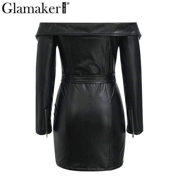 Planet Gates Black / S Glamaker Punk leather suede zipper sexy dress Women off shoulder bodycon mini short dress Winter autumn black club party dress
