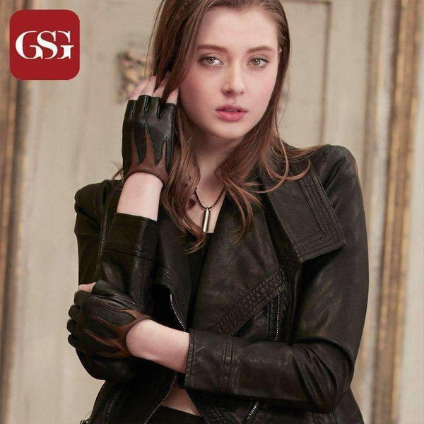 Planet Gates black / S GSG Half Finger Women Genuine Leather Gloves Fingerless Gloves Patchwork Ladies Fashion Driving Gloves Autumn Gloves Black Brown