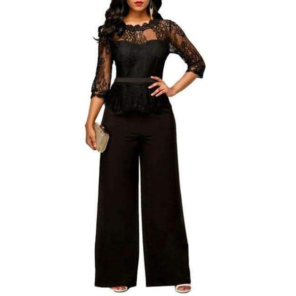 Planet Gates black / S Jumpsuits for women Sexy High Waist Palazzo 3/4 Sleeve One Piece Lace Peplum Jumpsuit With Long Wide Leg Pant Three Quarter