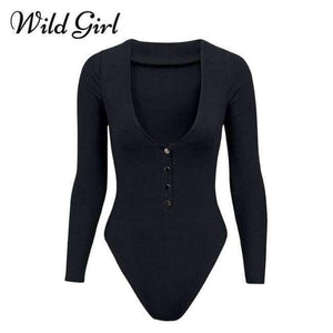 Planet Gates Black / S Knitted sexy bodycon bodysuit Women jumpsuit romper button fitness short Holiday long sleeve winter slim bodysuit 2018