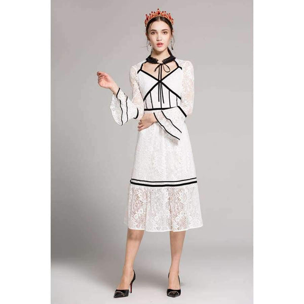 Planet Gates black / S Lace Party Evening Women Designer Dress Cross V-Neck Velvet Patchwork Flare Sleeve Lace Tunic Dress Events Special