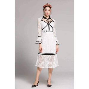 Planet Gates black / S Lace Party Evening Women Designer Dress Cross V-Neck Velvet Patchwork Flare Sleeve Lace Tunic Dress Events Special