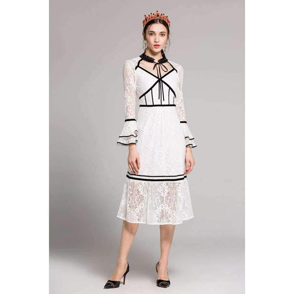 Planet Gates black / S Lace Party Evening Women Designer Dress Cross V-Neck Velvet Patchwork Flare Sleeve Lace Tunic Dress Events Special