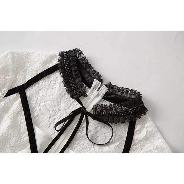 Planet Gates black / S Lace Party Evening Women Designer Dress Cross V-Neck Velvet Patchwork Flare Sleeve Lace Tunic Dress Events Special