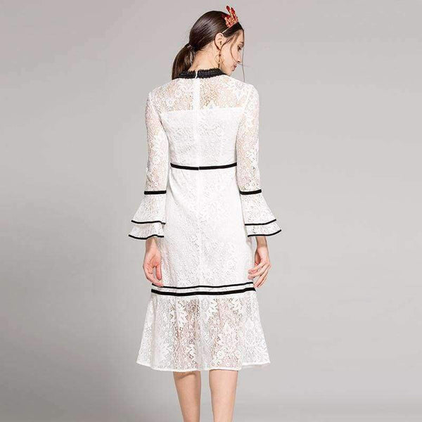 Planet Gates black / S Lace Party Evening Women Designer Dress Cross V-Neck Velvet Patchwork Flare Sleeve Lace Tunic Dress Events Special