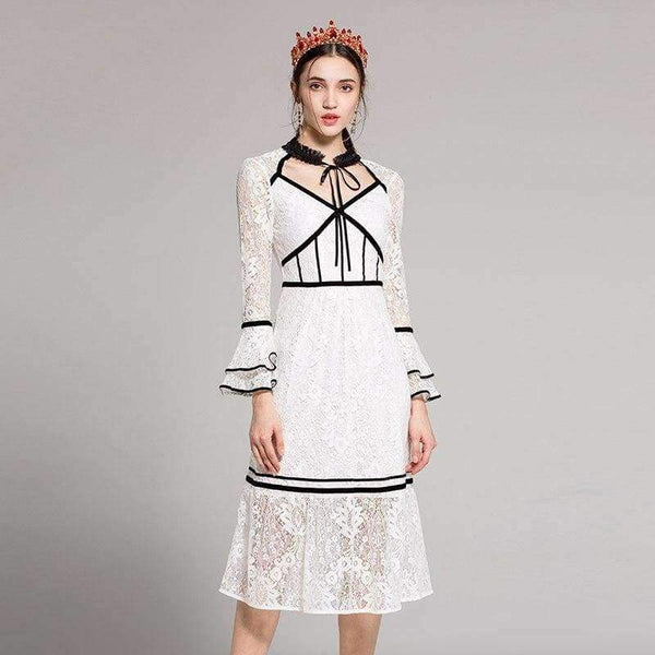 Planet Gates black / S Lace Party Evening Women Designer Dress Cross V-Neck Velvet Patchwork Flare Sleeve Lace Tunic Dress Events Special