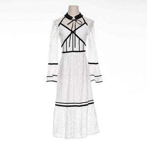 Planet Gates black / S Lace Party Evening Women Designer Dress Cross V-Neck Velvet Patchwork Flare Sleeve Lace Tunic Dress Events Special