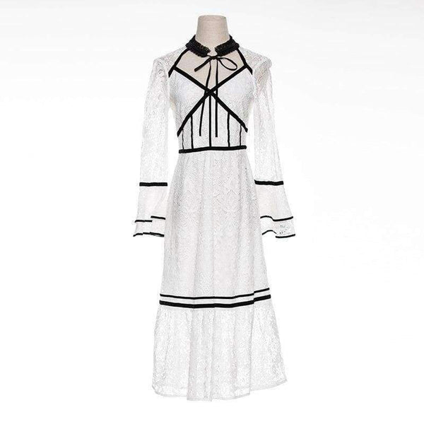 Planet Gates black / S Lace Party Evening Women Designer Dress Cross V-Neck Velvet Patchwork Flare Sleeve Lace Tunic Dress Events Special