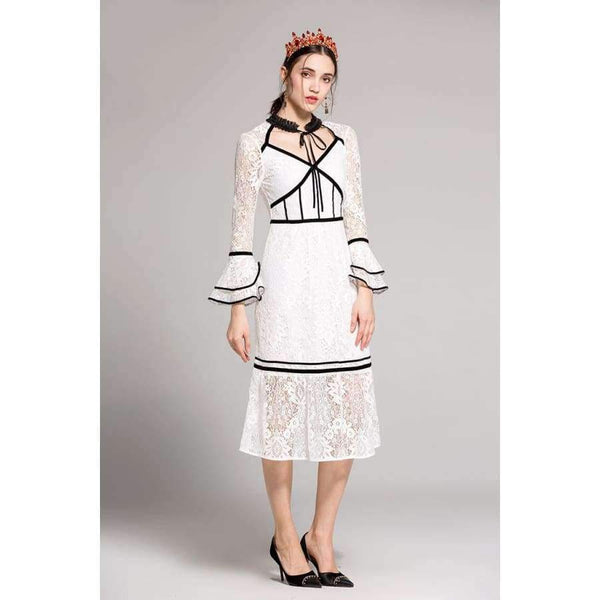 Planet Gates black / S Lace Party Evening Women Designer Dress Cross V-Neck Velvet Patchwork Flare Sleeve Lace Tunic Dress Events Special