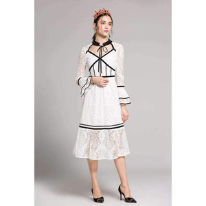 Planet Gates black / S Lace Party Evening Women Designer Dress Cross V-Neck Velvet Patchwork Flare Sleeve Lace Tunic Dress Events Special