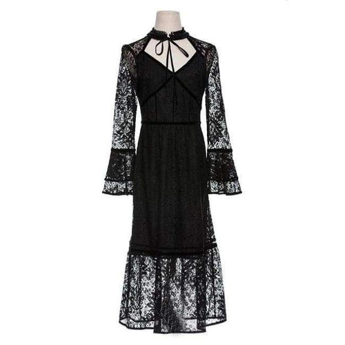Planet Gates black / S Lace Party Evening Women Designer Dress Cross V-Neck Velvet Patchwork Flare Sleeve Lace Tunic Dress Events Special