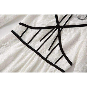 Planet Gates black / S Lace Party Evening Women Designer Dress Cross V-Neck Velvet Patchwork Flare Sleeve Lace Tunic Dress Events Special