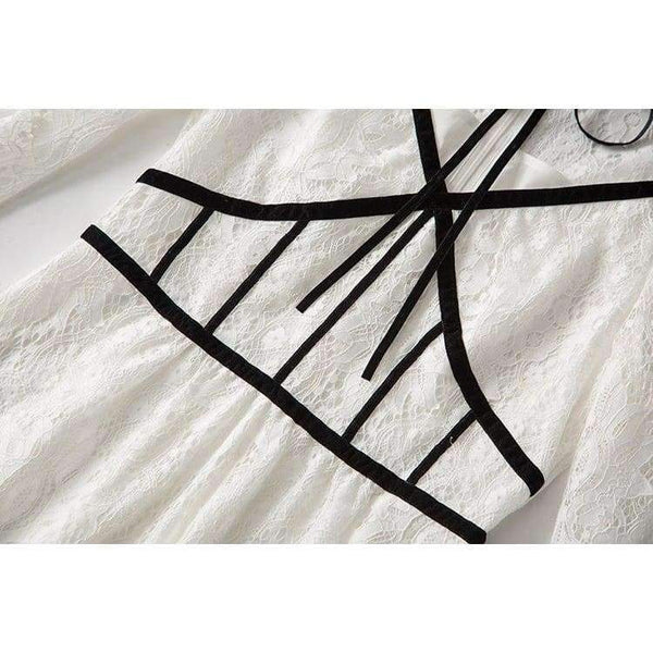 Planet Gates black / S Lace Party Evening Women Designer Dress Cross V-Neck Velvet Patchwork Flare Sleeve Lace Tunic Dress Events Special