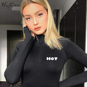 Planet Gates Black / S Long sleeve high neck zipper letters print crop tops bodyocn shorts 2 pieces set 2018 autumn winter women fashion casua