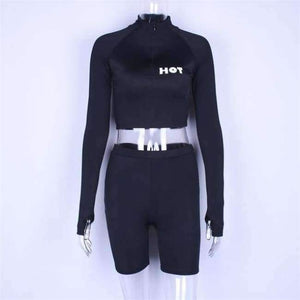 Planet Gates Black / S Long sleeve high neck zipper letters print crop tops bodyocn shorts 2 pieces set 2018 autumn winter women fashion casua