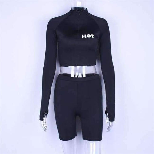 Planet Gates Black / S Long sleeve high neck zipper letters print crop tops bodyocn shorts 2 pieces set 2018 autumn winter women fashion casua