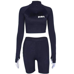 Planet Gates Black / S Long sleeve high neck zipper letters print crop tops bodyocn shorts 2 pieces set 2018 autumn winter women fashion casua