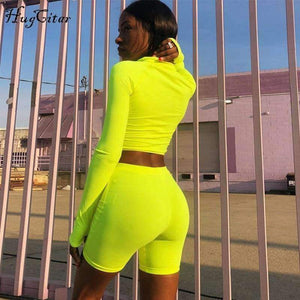 Planet Gates Black / S Long sleeve high neck zipper letters print crop tops bodyocn shorts 2 pieces set 2018 autumn winter women fashion casua