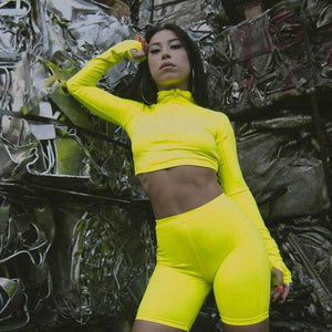 Planet Gates Black / S Long sleeve high neck zipper letters print crop tops bodyocn shorts 2 pieces set 2018 autumn winter women fashion casua