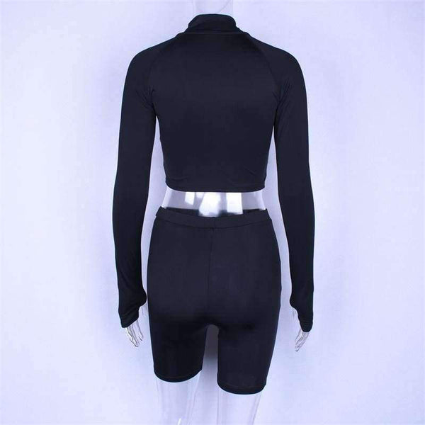 Planet Gates Black / S Long sleeve high neck zipper letters print crop tops bodyocn shorts 2 pieces set 2018 autumn winter women fashion casua