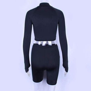 Planet Gates Black / S Long sleeve high neck zipper letters print crop tops bodyocn shorts 2 pieces set 2018 autumn winter women fashion casua