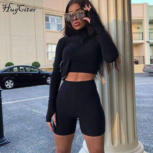 Planet Gates Black / S Long sleeve zipper high neck elastic sexy crop tops shorts 2-pieces 2018 summer autumn women fashion casual sports sets