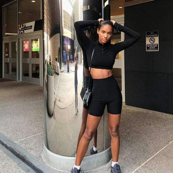 Planet Gates Black / S Long sleeve zipper high neck elastic sexy crop tops shorts 2-pieces 2018 summer autumn women fashion casual sports sets