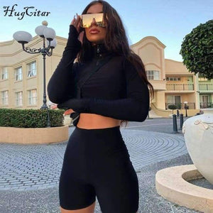 Planet Gates Black / S Long sleeve zipper high neck elastic sexy crop tops shorts 2-pieces 2018 summer autumn women fashion casual sports sets