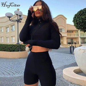 Planet Gates Black / S Long sleeve zipper high neck elastic sexy crop tops shorts 2-pieces 2018 summer autumn women fashion casual sports sets