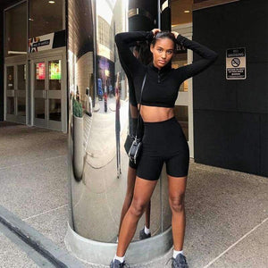 Planet Gates Black / S Long sleeve zipper high neck elastic sexy crop tops shorts 2-pieces 2018 summer autumn women fashion casual sports sets
