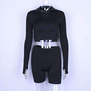 Planet Gates Black / S Long sleeve zipper high neck elastic sexy crop tops shorts 2-pieces 2018 summer autumn women fashion casual sports sets