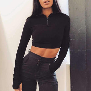 Planet Gates Black / S Long sleeve zipper high neck elastic sexy crop tops shorts 2-pieces 2018 summer autumn women fashion casual sports sets
