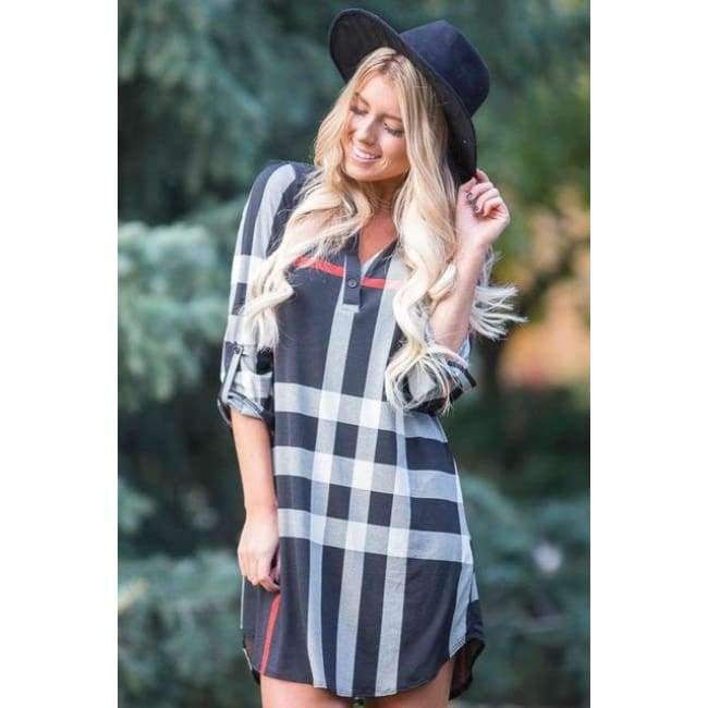 Planet Gates Beige / S M-anxiu Women's Western Style Autumn New Plaid Print Three Quarter V-neck Long-sleeved Temperament Generous Casual Dress