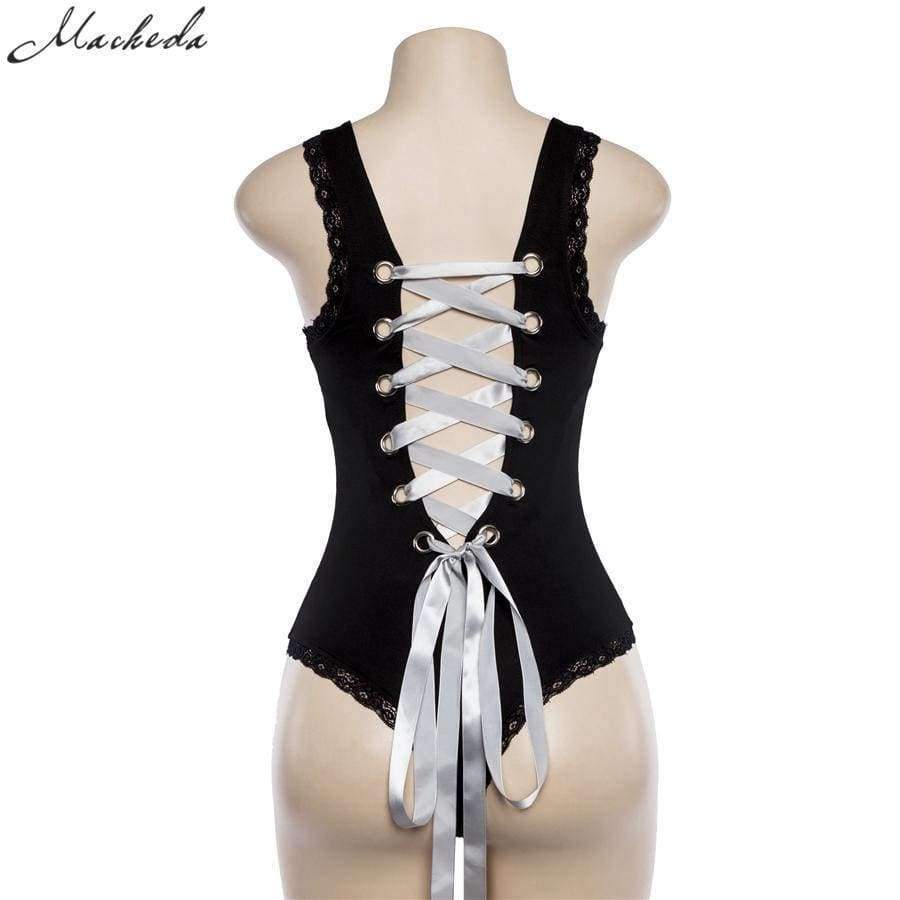 Planet Gates Black / S New Summer Black Sexy Women Sleeveless Backless Tie Back Snap Buttons Lace Up Women's Bodysuits Rompers New