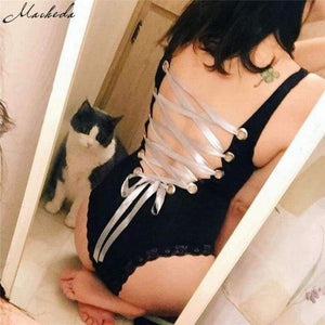 Planet Gates Black / S New Summer Black Sexy Women Sleeveless Backless Tie Back Snap Buttons Lace Up Women's Bodysuits Rompers New