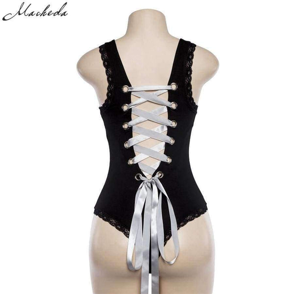 Planet Gates Black / S New Summer Black Sexy Women Sleeveless Backless Tie Back Snap Buttons Lace Up Women's Bodysuits Rompers New