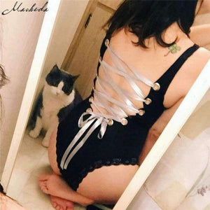Planet Gates Black / S New Summer Black Sexy Women Sleeveless Backless Tie Back Snap Buttons Lace Up Women's Bodysuits Rompers New