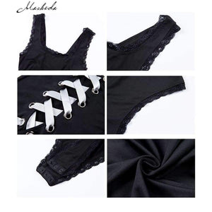 Planet Gates Black / S New Summer Black Sexy Women Sleeveless Backless Tie Back Snap Buttons Lace Up Women's Bodysuits Rompers New