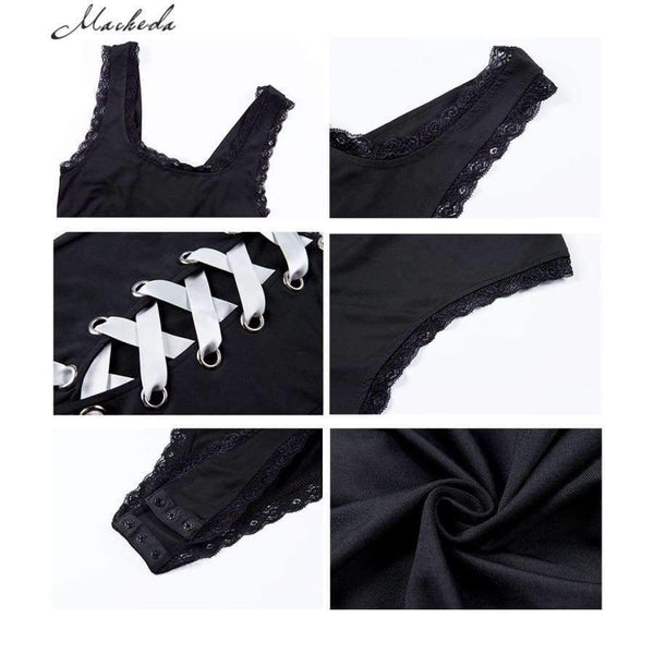 Planet Gates Black / S New Summer Black Sexy Women Sleeveless Backless Tie Back Snap Buttons Lace Up Women's Bodysuits Rompers New