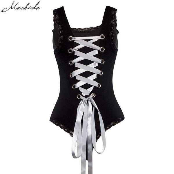 Planet Gates Black / S New Summer Black Sexy Women Sleeveless Backless Tie Back Snap Buttons Lace Up Women's Bodysuits Rompers New