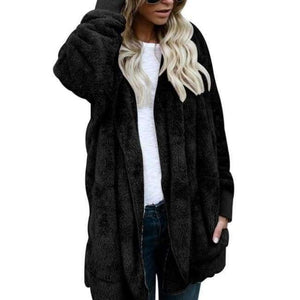 Planet Gates Black / S New Year Spring Faux Fur Teddy Bear Coat Jacket Women Fashion Open Stitch Hooded Coat Female Long Sleeve Fuzzy Jacket